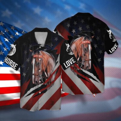 4Th Of July Hawaiian Shirts, 4Th Of July Independence Day Love Horse American Flag Hawaiian Shirt