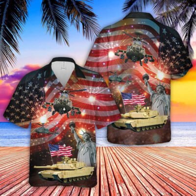 4Th Of July Hawaiian Shirts, Abrams Battle Tank And Apache 4Th Of July Hawaiian Shirt, Military Aloha Shirts