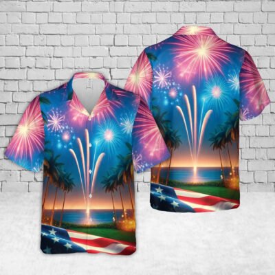 4Th Of July Hawaiian Shirts, Palm Trees Fireworks With Usa Flag 4Th Of July 1 Hawaiian Shirt, Hawaiian Firefighter Shirts