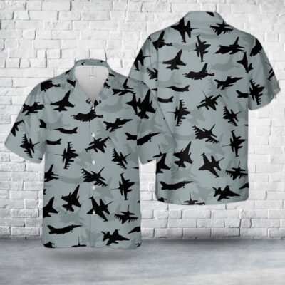 Air Force Hawaiian Shirt, US Air Force General Dynamics F-16 Fighting Falcon Aircraft Silhouettes Hawaiian Shirt, Airplane Hawaiian Shirt