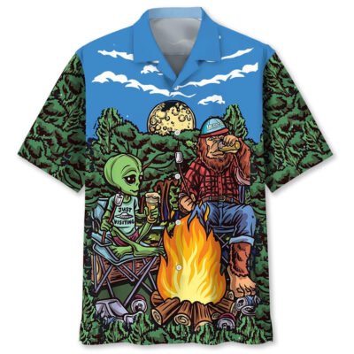 Alien Bigfoot Campfire Night Hawaiian Shirt, Funny Hawaiian Shirt, Cool Hawaiian Shirt, Best Hawaiian Short Sleeve Shirt