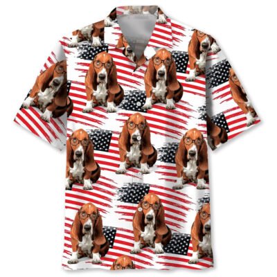 American Basset Hound Hawaiian Shirt, Funny Hawaiian Shirt, Usa Hawaiian Shirt, Vintage Hawaiian Short Sleeve Shirt