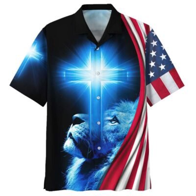 American Flag Lion Cross Hawaiian Shirt For Men, Christian Hawaiian Shirt, Gift For Christian Short Sleeve Shirt