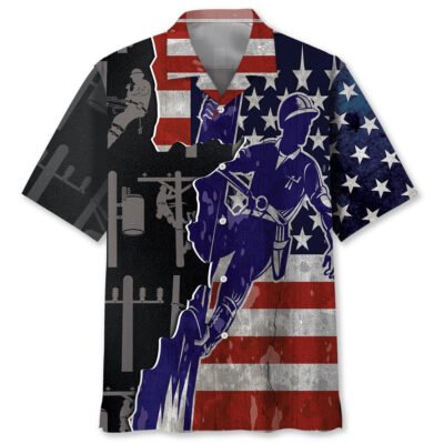 American Lineman Proud Hawaiian Shirt, Funny Hawaiian Shirt, Usa Hawaiian Shirt, Vintage Hawaiian Short Sleeve Shirt