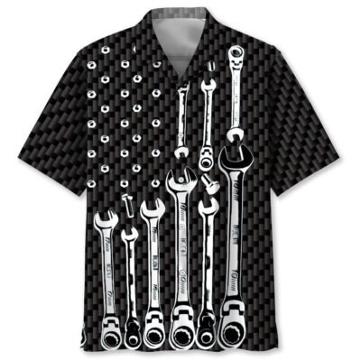 American Mechanic Black And White Hawaiian Shirt, Funny Hawaiian Shirt, Usa Hawaiian Shirt, Vintage Hawaiian Short Sleeve Shirt
