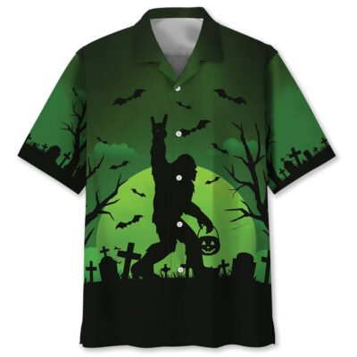 Bigfoot Halloween Night Green Hawaiian Shirt, Funny Hawaiian Shirt, Cool Hawaiian Shirts, Best Hawaiian Shirts
