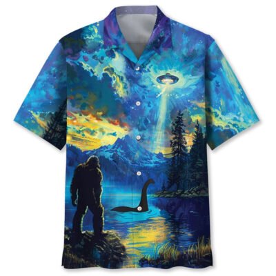 Bigfoot Nessie Ufo By The Lake Hawaiian Shirt, Funny Hawaiian Shirt, Cool Hawaiian Shirt, Best Hawaiian Short Sleeve Shirt