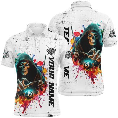 Billiard Polo Shirts, Billiard Skeleton Colorful Grunge Style Personalized Polo Shirts, Best Billiard Attire Design, Billiards Team Shirts
