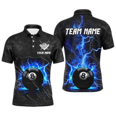 Billiard Polo Shirts, Blue 8 Ball Pool Thunder Lightning Custom Billiard Shirts, Team League Billiard Jerseys Uniform, Billiards Team Shirts