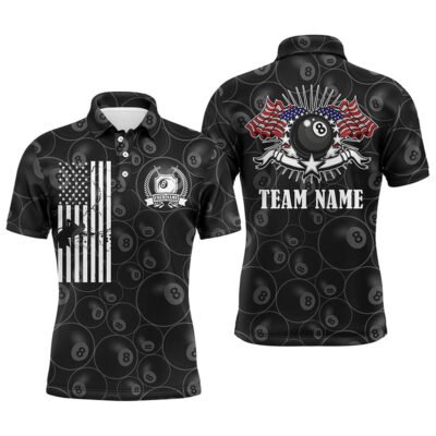 Billiard Polo Shirts, Customized Billiards Polo Shirts, 8 Ball Billiards Pattern American Flag Patriotic Shirts, Billiards Team Shirts