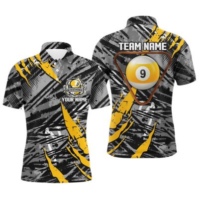 Billiard Polo Shirts, Personalized Grunge 9 Ball Pool Billiard Shirts Custom Billiard 9 Ball Jersey Shirts, Billiards Team Shirts