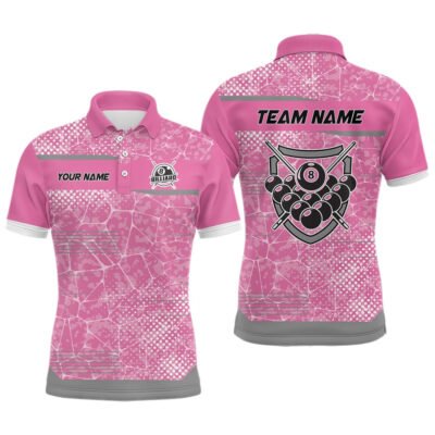 Billiard Polo Shirts, Personalized Pink Grey 8 Ball Billiard Polo Shirts, Custom Billiard Balls Team Jerseys, Billiards Team Shirts