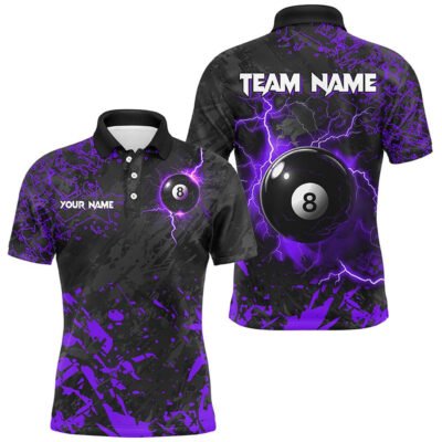 Billiard Polo Shirts, Purple Grunge 8 Ball Pool Thunder Lightning Polo Shirts Custom Team League Billiard Jersey, Billiards Team Shirts