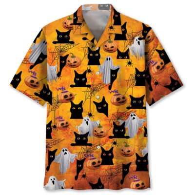 Black Cat Boo Halloween Hawaiian Shirt, Cat Hawaiian Shirt, Funny Hawaiian Short Sleeve Shirt