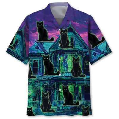 Black Cat Haunted House Hawaiian Shirt, Cat Hawaiian Shirt, Funny Hawaiian Short Sleeve Shirt