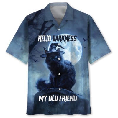 Black Cat Hello Darkness My Old Friend Hawaiian Shirt, Cat Hawaiian Shirt, Funny Hawaiian Shirts