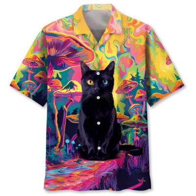 Black Cat Hippie Mushroom Hawaiian Shirt, Cat Hawaiian Shirt, Funny Hawaiian Short Sleeve Shirt