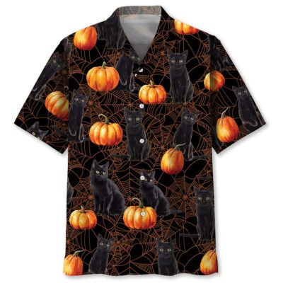Black Cat Pumpkin Halloween Hawaiian Shirt, Cat Hawaiian Shirt, Funny Hawaiian Shirts