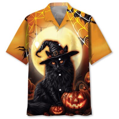 Black Cat Pumpkin Halloween New Hawaiian Shirt, Cat Hawaiian Shirt, Funny Hawaiian Short Sleeve Shirt