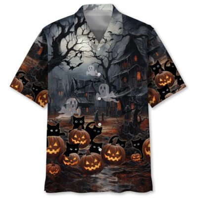 Black Cat Pumpkins Halloween Hawaiian Shirt, Cat Hawaiian Shirt, Funny Hawaiian Shirts