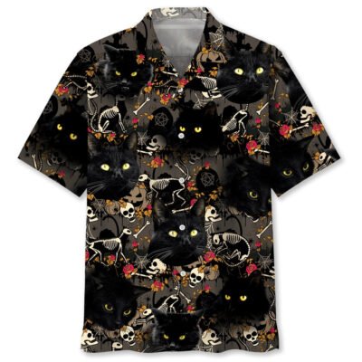 Black Cat Skeleton Hawaiian Shirt, Cat Hawaiian Shirt, Funny Hawaiian Short Sleeve Shirt