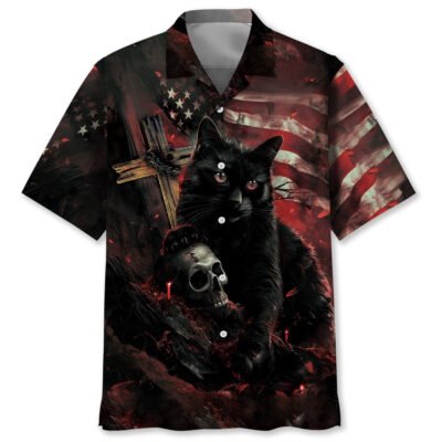 Black Cat Skull Hawaiian Shirt, Cat Hawaiian Shirt, Funny Hawaiian Shirts