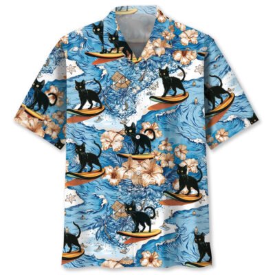Black Cat Surfing Hawaiian Shirt, Cat Hawaiian Shirt, Funny Hawaiian Short Sleeve Shirt