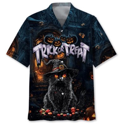Black Cat Trick Or Treat Hawaiian Shirt, Cat Hawaiian Shirt, Funny Hawaiian Short Sleeve Shirt