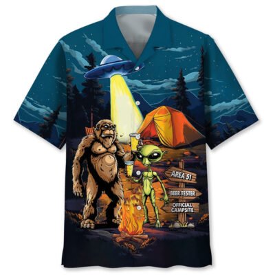 Camping Alien Bigfoot Area 51 Hawaiian Shirt, Funny Hawaiian Shirt, Cool Hawaiian Shirts, Best Hawaiian Shirts