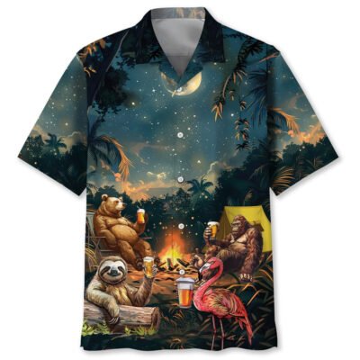 Camping Bigfoot Bear Sloth Flamingo Hawaiian Shirt, Funny Hawaiian Shirt, Cool Hawaiian Shirt, Best Hawaiian Short Sleeve Shirt