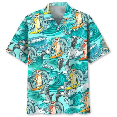 Cat Surfing Hawaiian Shirt, Cat Hawaiian Shirt, Funny Hawaiian Short Sleeve Shirt