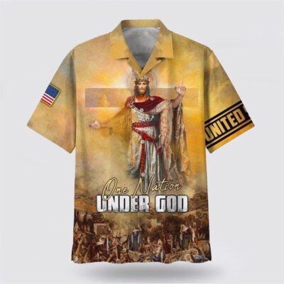 Christian Hawaiian Shirt, American Flag One Nation Under God Jesus Christ Christian Faith Hawaiian Shirt, Christian Aloha Shirt