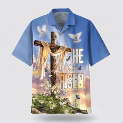 Christian Hawaiian Shirt, He Is Risen Dove Cross Flower Hawaiian Shirt, Christian Aloha Short Sleeve Shirt