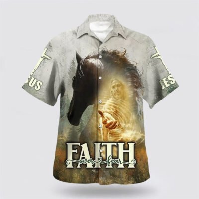 Christian Hawaiian Shirt, Horse And Jesus Faith Over Fear Hawaiian Shirt, Christian Aloha Short Sleeve Shirt