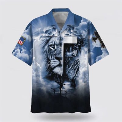 Christian Hawaiian Shirt, Jesus And Cross Lion Pray Hawaiian Shirt, Christian Aloha Short Sleeve Shirt