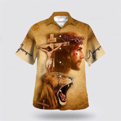 Christian Hawaiian Shirt, Jesus On The Cross Lion Of Judah Hawaiian Shirt, Christian Aloha Shirt