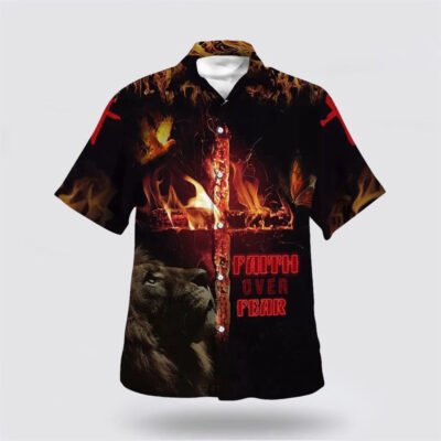 Christian Hawaiian Shirt, Lion Cross Faith Over Fear Hawaiian Shirt For Men, Christian Aloha Short Sleeve Shirt