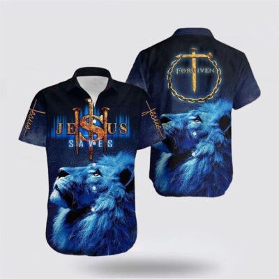 Christian Hawaiian Shirt, Lion Cross Jesus Saves Hawaiian Shirt Forgiven Christian Faith In Love Shirt Hawaiian Shirt, Christian Aloha Shirt