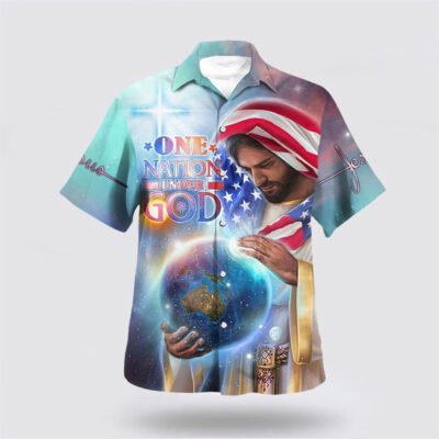 Christian Hawaiian Shirt, One Nation Under God Hawaiian Shirt, Jesus Holding Earth Hawaiian Shirts, Christian Aloha Shirt