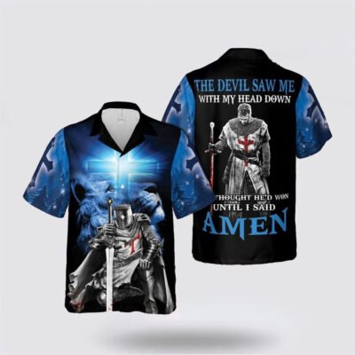 Christian Hawaiian Shirt, The Devil Saw Me with My Head Down Knight Jesus Lion King Hawaiian Shirt, Christian Aloha Short Sleeve Shirt