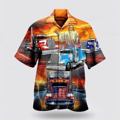 Christian Hawaiian Shirt, Truck Driver Jesus Bless In The Sunset Hawaiian Shirt, Christian Aloha Short Sleeve Shirt