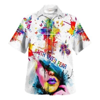 Colorful Faith Over Fear Bible Verse Cross Hawaiian Shirt For Men, Christian Hawaiian Shirt, Gift For Christian