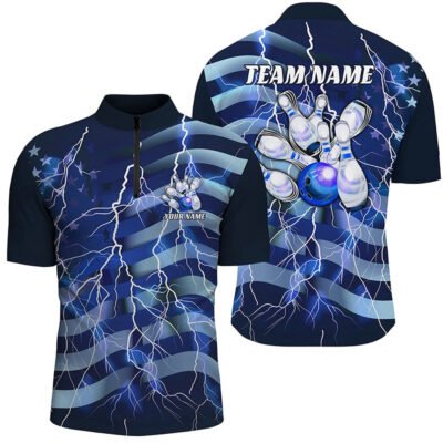 Custom Bowling Polo Shirts, Blue Lightning American Flag Custom Men And Women Bowling Team Shirts Patriotic Bowling Jerseys