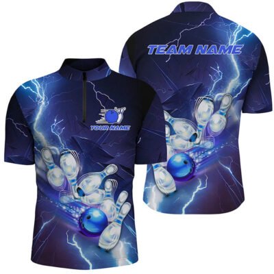 Custom Bowling Polo Shirts, Blue Lightning Thunder Custom Bowling Team Jersey,Team Bowling Shirts For Men
