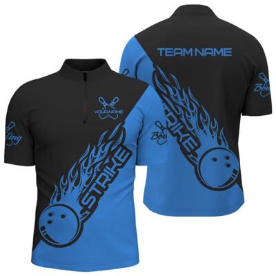 Custom Bowling Polo Shirts, Custom Bowling Shirts For Men And Women, Bowling Team Shirts Bowling Strike Black And Blue