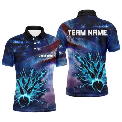 Custom Bowling Polo Shirts, Personalized American Flag Blue Lightning Thunder Bowling Shirts For Men Custom Team Bowling Jerseys