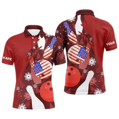 Custom Bowling Polo Shirts, Personalized Christmas American Flag Bowling Polo Shirts For Men Custom Red Bowling Team Jerseys