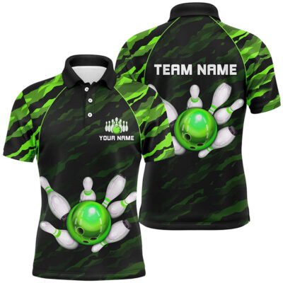 Custom Bowling Polo Shirts, Personalized Green Camo Bowling Polo Shirts Unisex Bowling Team Jersey Men Women