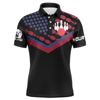 Custom Bowling Polo Shirts, Personalized Men Bowling Polo Shirt Custom Name Vintage Bowling Ball Pins American Flag, Bowl Gifts