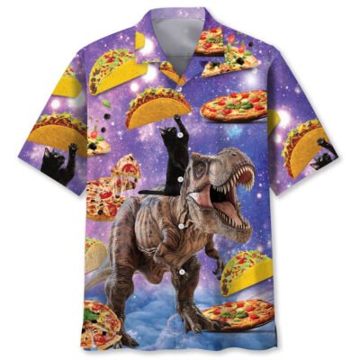 Dinosaur Pizza Cat Hawaiian Shirt, Cat Hawaiian Shirt, Funny Hawaiian Shirts